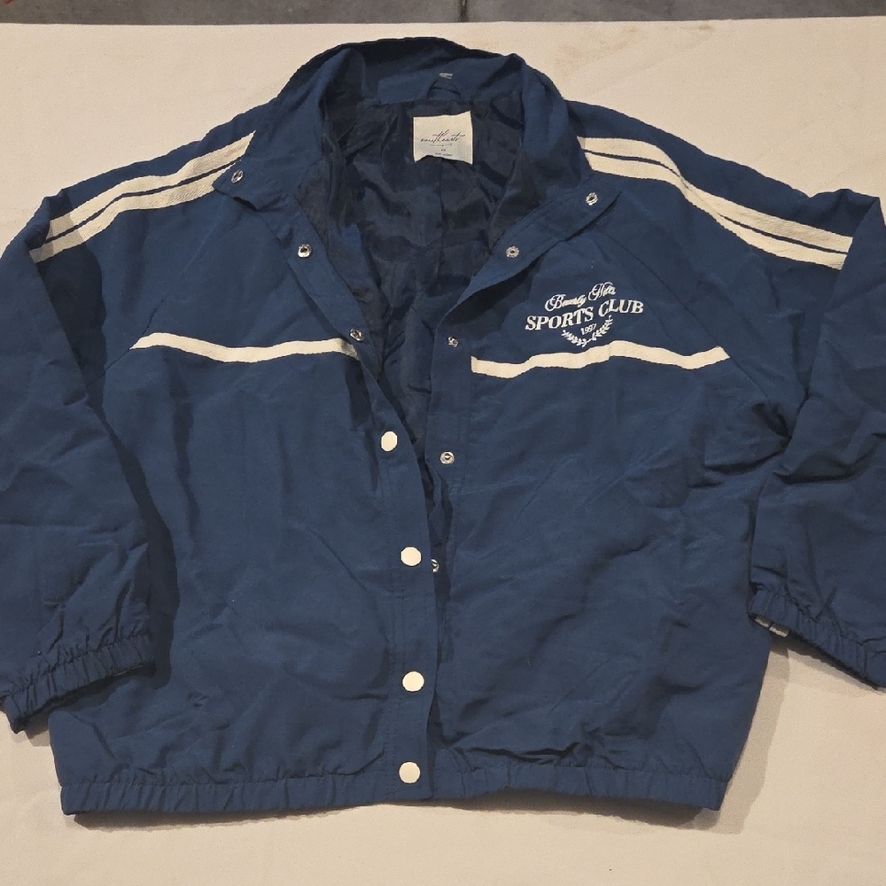 Blue Utility Jacket with White Trim and 'Sports Club' Embroidery
